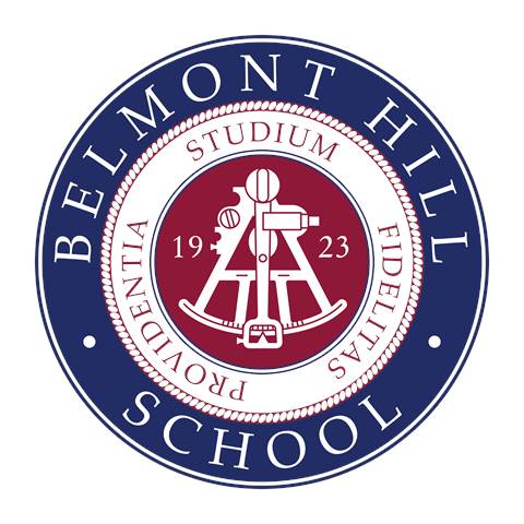 Belmont Hill School circular logo with a rope border, maroon and blue colors, 'Studium Fidentias Providentia' around a central emblem with tools and '1923.