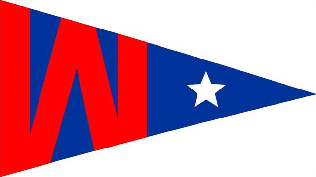 A triangular pennant with a blue field on the right featuring a white star, and a large red letter 'W' on the left side over a white background.