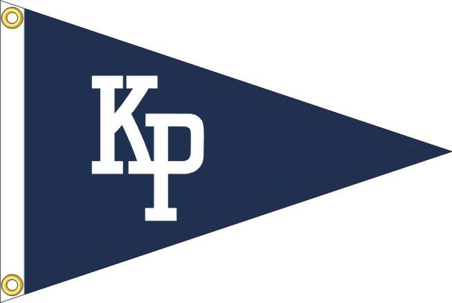 A navy blue triangular pennant flag with white letters 'KP' overlapping in the center and a white vertical stripe on the left edge with two gold grommets.
