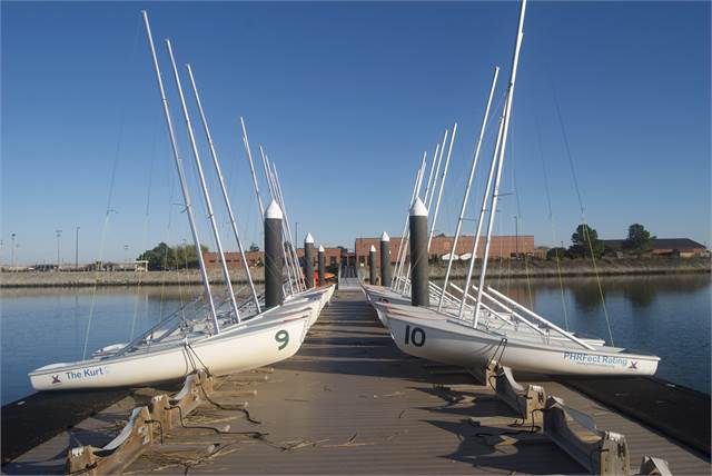 Two rows of small sailboats with tall masts are docked along a pier under a clear blue sky, with buildings and calm water in the background.