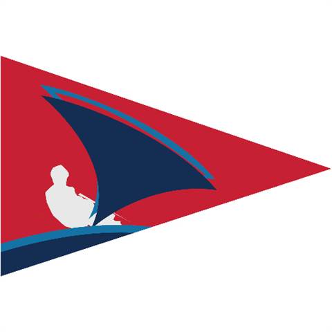 A red triangular flag featuring a stylized white silhouette of a person sailing a boat with a large dark blue sail outlined in light blue.