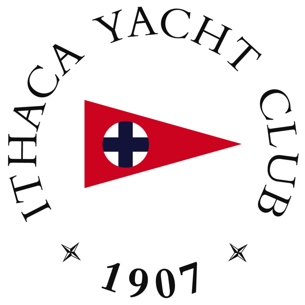 The Ithaca Yacht Club logo features a red pennant with a blue and white cross in a circle, surrounded by the words “ITHACA YACHT CLUB” in black text and “1907” at the bottom, with two small star icons.