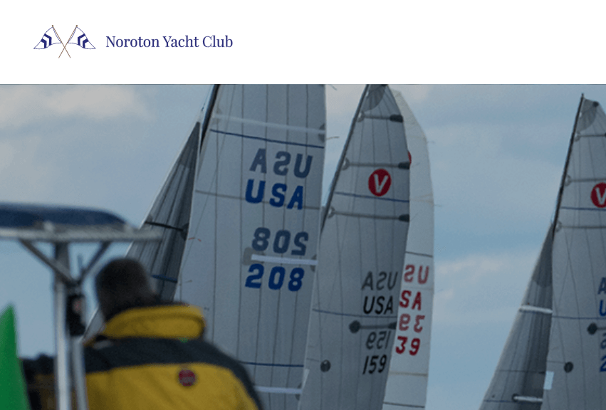 Three sailboats with visible sail numbers and 'USA' markings are lined up on the water. A person in a yellow jacket stands in the foreground, partially obscured. The Noroton Yacht Club logo appears at the top.