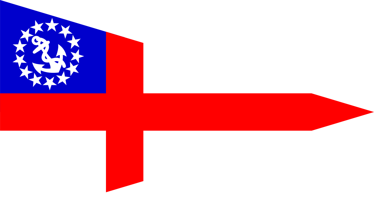 A white pennant flag with a red cross, and a blue triangle containing a white fouled anchor and thirteen white stars arranged in a circle at the hoist.