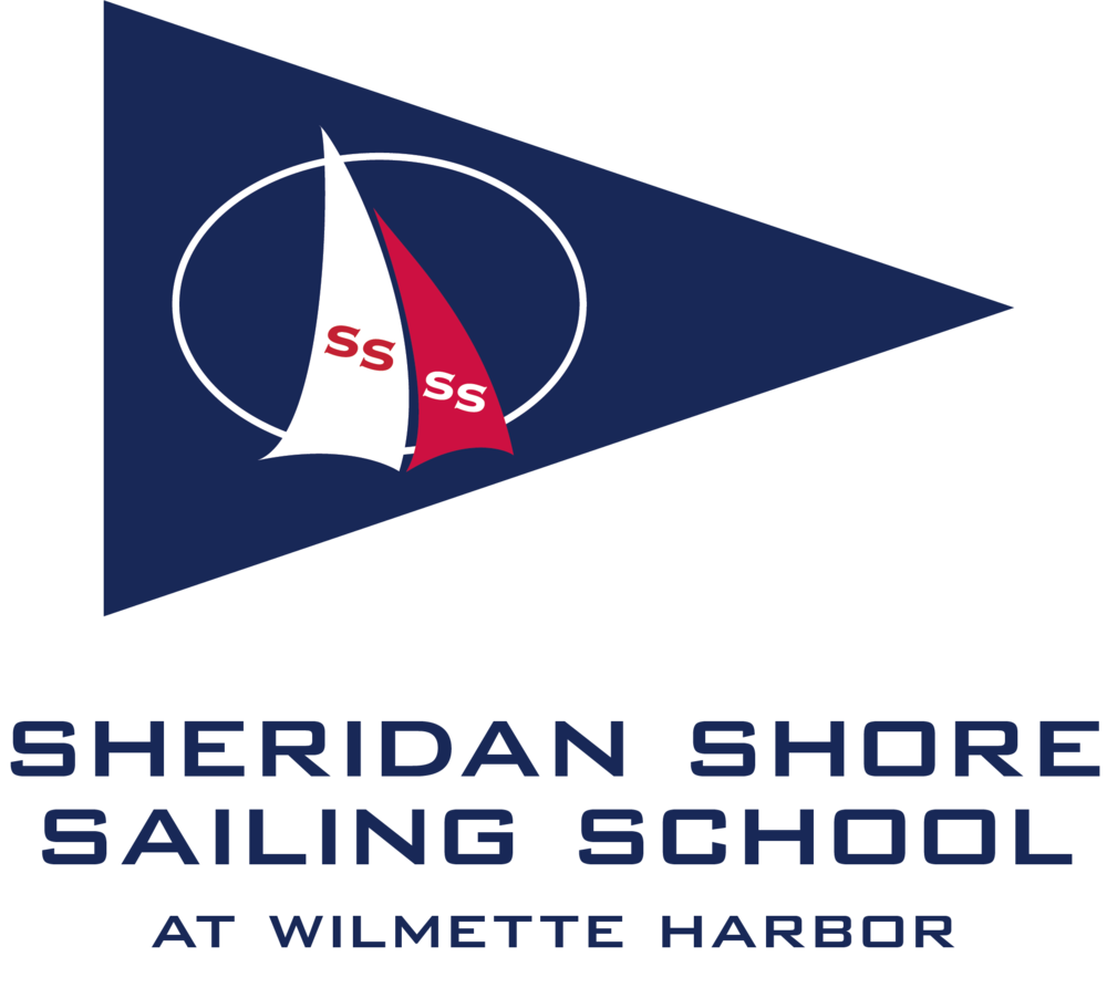 Logo for Sheridan Shore Sailing School at Wilmette Harbor. Features a dark blue pennant with two overlapping sailboats inside, one white, one red, each labeled “SS”, above the school’s name in blue text.