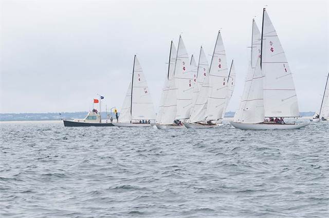 Several sailboats with white sails race on slightly choppy water near a small boat displaying flags, under an overcast sky. The shoreline is visible in the distance.