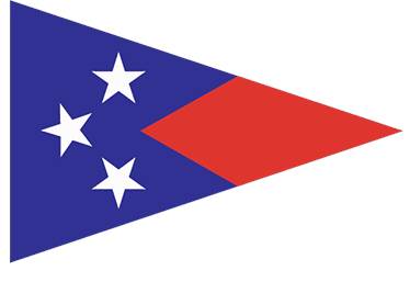 A pennant-shaped flag with a blue left section featuring three white stars and a red right section that forms a pointed triangle.