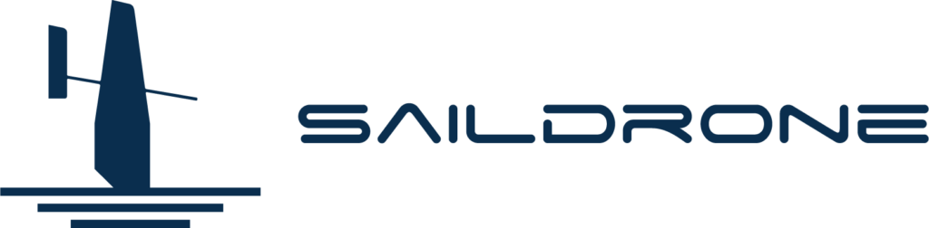 A minimalist dark blue logo shows a stylized sailboat with a tall sail on the left and the word 'SAILDRONE' in modern, geometric font on the right.
