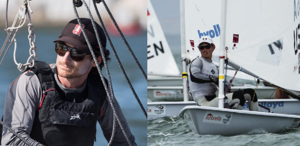 Split image: On the left, a man in sailing gear and sunglasses looks to the side on a boat. On the right, a sailor in a white outfit and cap competes in a small sailboat on the water.
