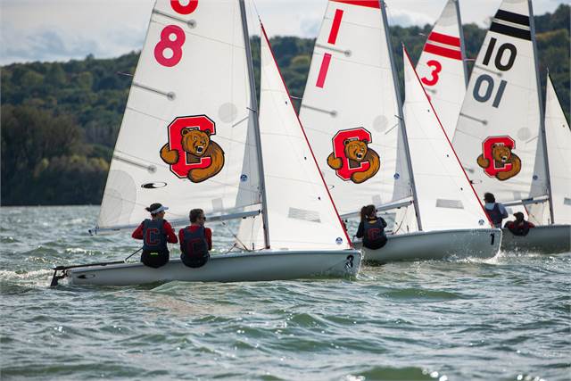 Four small sailboats with red and white sails, each featuring a bear logo and numbers, race on a body of water. Sailors in life vests navigate the boats, and green hills are visible in the background.