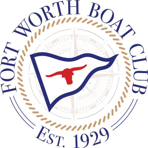 Fort Worth Boat Club logo featuring a pennant with a red longhorn head, a compass rose background, and the words “Fort Worth Boat Club Est. 1929” encircling the design.