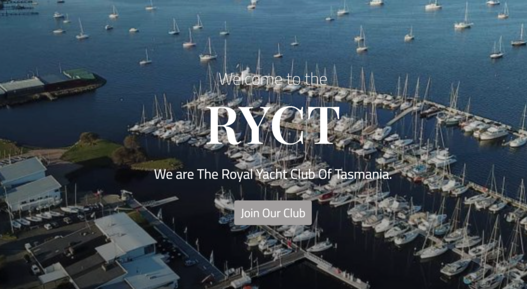 Aerial view of a marina filled with yachts and sailboats, with “Welcome to the RYCT—The Royal Yacht Club Of Tasmania” and a “Join Our Club” button overlaid in the center.