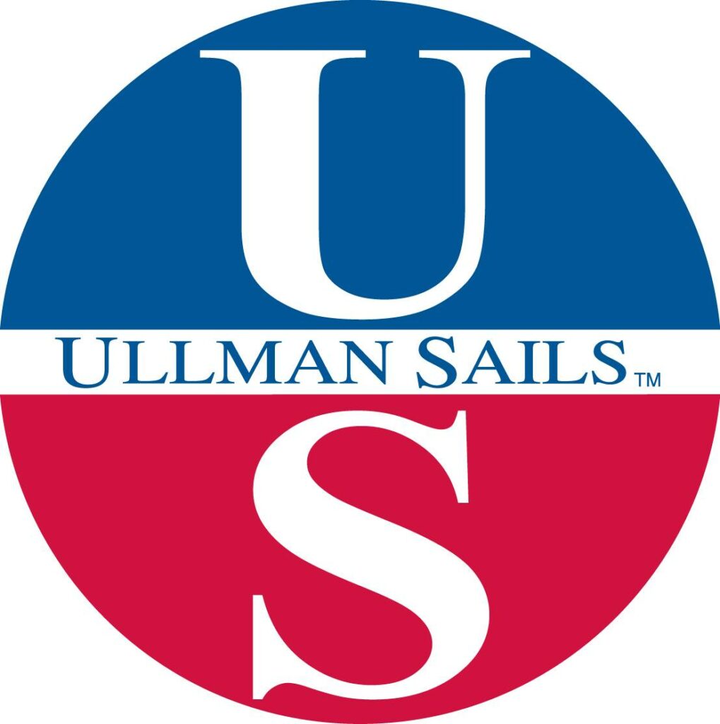 A circular logo split horizontally; the top half is blue with a large white 'U,' the bottom half is red with a large white 'S.' Across the center, a white stripe reads 'ULLMAN SAILS' in blue capital letters.