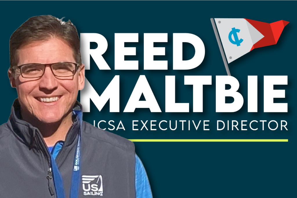 A smiling man in glasses and a blue vest stands next to bold text that reads 'Reed Maltbie ICSA Executive Director' with a flag graphic in the background.