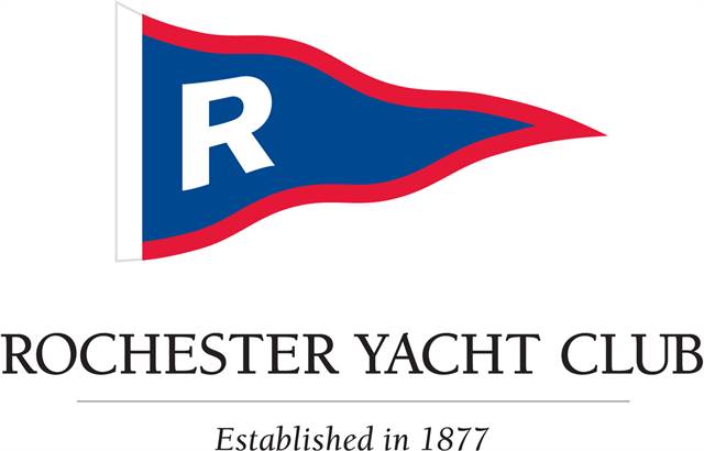 A red and blue pennant flag with a white 'R' and a red border, symbol of the Rochester Yacht Club, is above the text 'ROCHESTER YACHT CLUB' and 'Established in 1877.