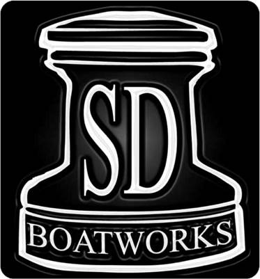 A black and white logo featuring the letters 'SD' in the center and the word 'BOATWORKS' below, all within the stylized shape of a boat winch.