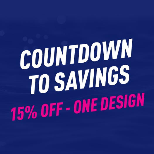 White text on a dark blue background reads 'COUNTDOWN TO SAVINGS.' Below, pink text says '15% OFF - ONE DESIGN.