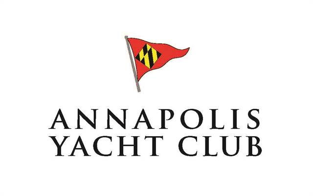 Logo of the Annapolis Yacht Club featuring a red flag with a black and yellow Maryland motif above the text 'Annapolis Yacht Club' in black capital letters on a white background.