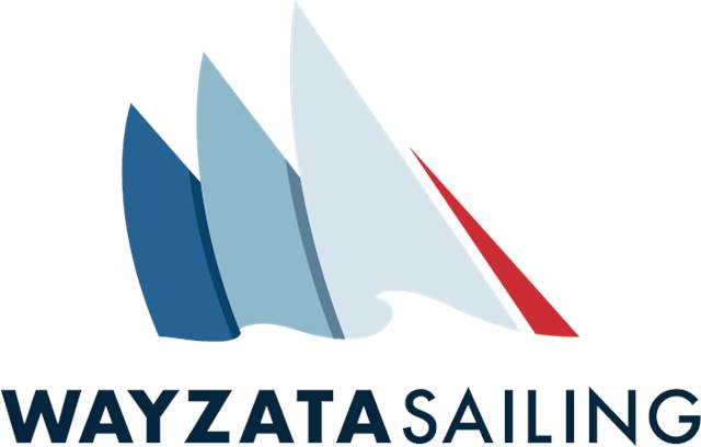 Four stylized sailboat sails in blue, light blue, gray, and white with a red stripe, above the bold text 'WAYZATA SAILING.