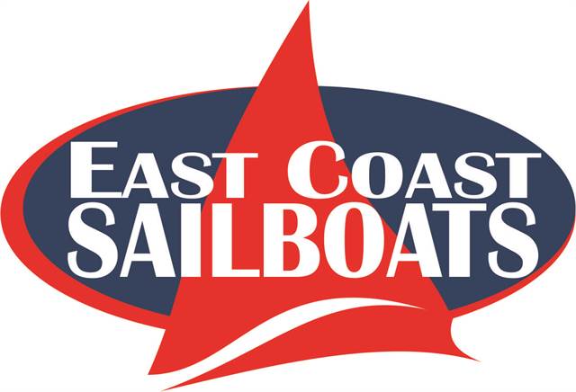 Logo for East Coast Sailboats featuring a red sail shape, white text, and a navy blue and red oval background. The words 'East Coast Sailboats' are prominently displayed in bold uppercase letters.