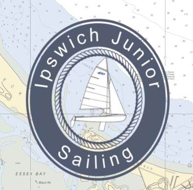 Logo for Ipswich Junior Sailing, featuring a sailboat inside a rope circle with a nautical chart background. Text around the circle reads “Ipswich Junior Sailing.”.
