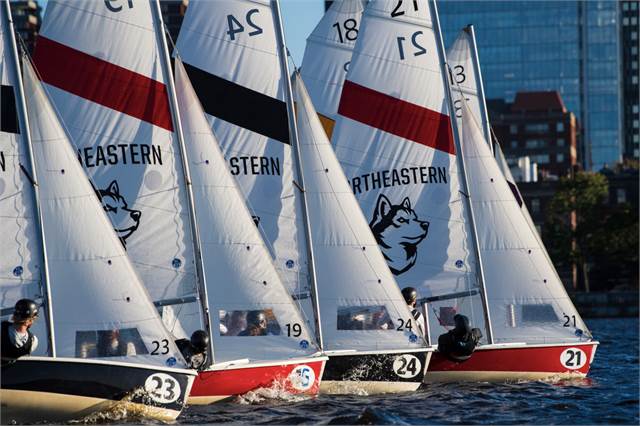 Four sailboats with Northeastern University logos and numbers 21, 23, and 24 race closely together on the water near a city shoreline with tall buildings in the background.