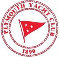 Red and white circular logo for the Plymouth Yacht Club. It features a red pennant with four white stars in the center, surrounded by "PLYMOUTH YACHT CLUB" and the year "1890" in red text.