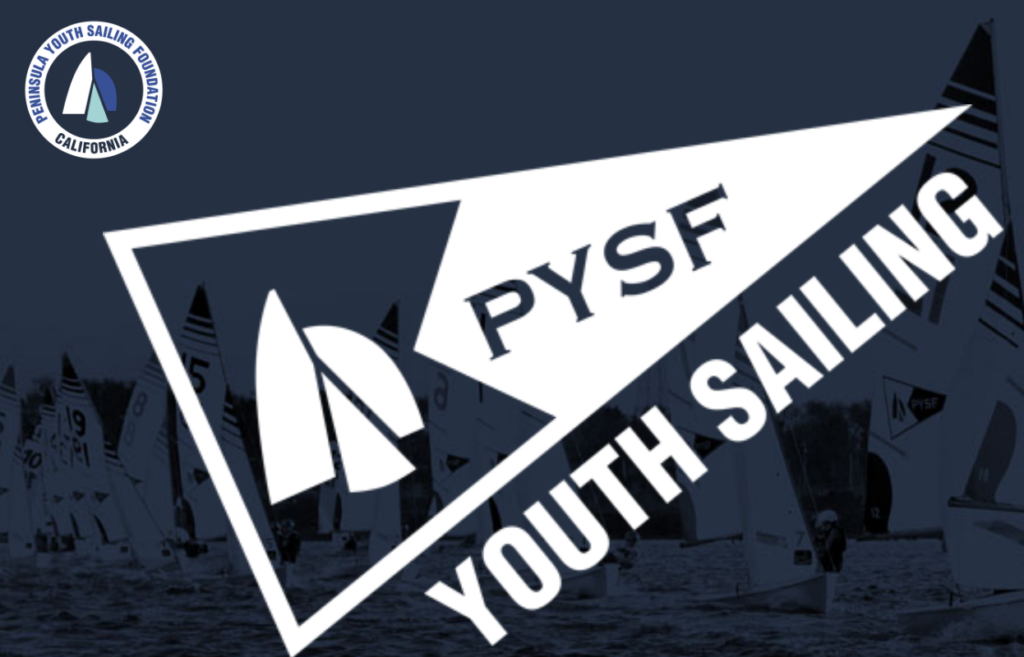 Logo for Peninsula Youth Sailing Foundation (PYSF) in California, featuring a stylized sailboat within a triangular shape and the words 'PYSF Youth Sailing' over a background of sailboats on the water.