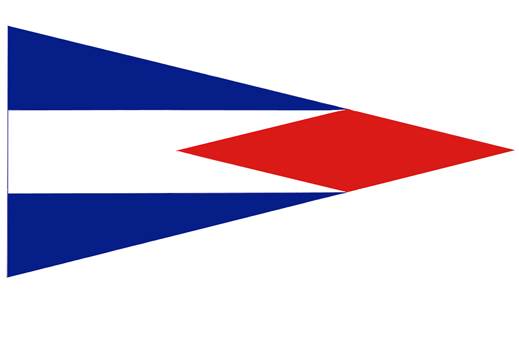 A triangular pennant flag with a blue border, a wide horizontal white stripe in the center, and a red diamond shape pointing to the right on the white stripe.