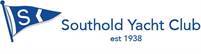 Blue triangular flag with white letters 'SYC' next to text 'Southold Yacht Club est 1938' on a white background.