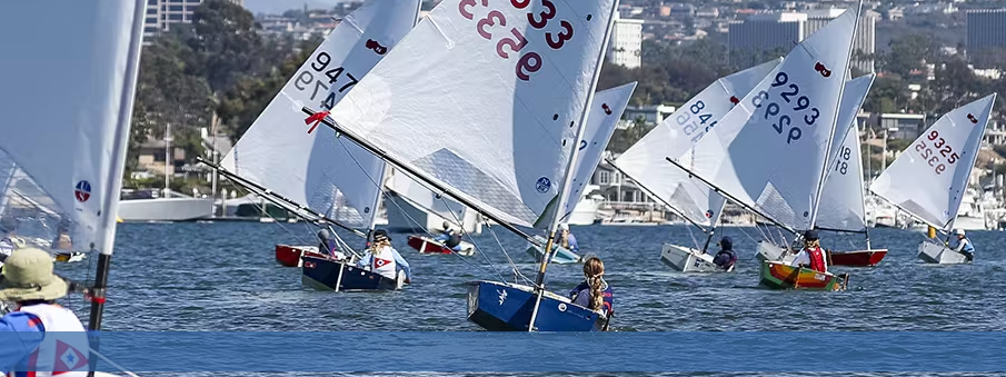 Several small sailboats with young sailors navigate a calm bay, tilting in the wind. Buildings, trees, and other boats are visible in the background under a clear sky.