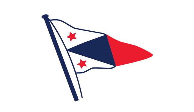 A stylized nautical pennant featuring a blue and red divided triangle, two red stars on a white field, and a dark blue border along the hoist, set against a white background.