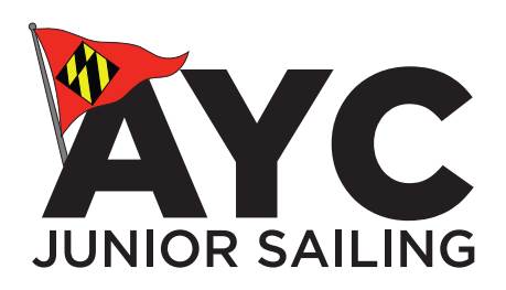 Logo with bold black letters 'AYC' and 'JUNIOR SAILING' beneath. A red flag with a yellow and black geometric design is attached to the 'A'.