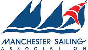 Logo for Manchester Sailing Association featuring stylized blue sails and a red accented sail above the organization's name in bold blue lettering.