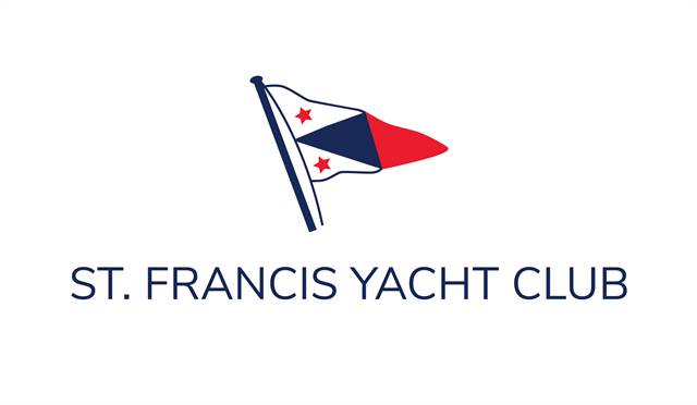 Logo for St. Francis Yacht Club featuring a stylized pennant flag with red stars, a blue triangle, and red tip above the club’s name in blue text on a white background.