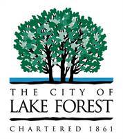 Logo of The City of Lake Forest featuring two green trees above blue water, with the text 'THE CITY OF LAKE FOREST CHARTERED 1861' written below.