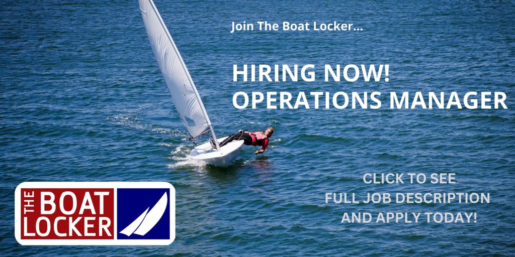 A person sails a small white boat on blue water. Text reads: 'Join The Boat Locker... HIRING NOW! OPERATIONS MANAGER. Click to see full job description and apply today!' The Boat Locker logo is in the bottom left corner.
