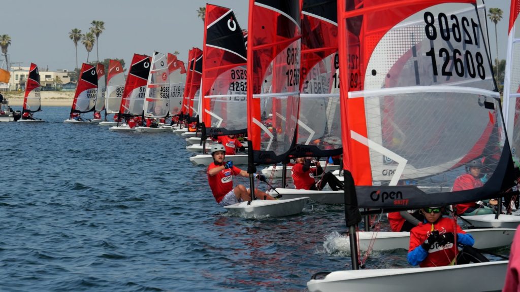 A group of sailors in red shirts race small sailboats with red and black sails on calm blue water near a shoreline lined with palm trees and buildings.