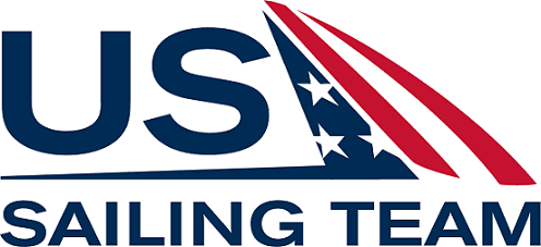 Logo for the USA Sailing Team featuring “USA” in blue letters, with three red and white sail shapes and three white stars, above the words “Sailing Team” in bold blue text.