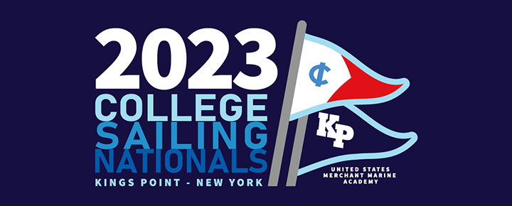 2023 College Sailing Nationals Kings Point, New York' with two sailing pennants and 'United States Merchant Marine Academy' written below. One pennant has a blue 'C', the other has 'KP'.