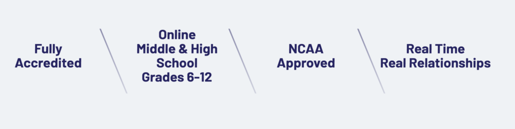 Four phrases in bold text: "Fully Accredited," "Online Middle & High School Grades 6-12," "NCAA Approved," and "Real Time Real Relationships," each separated by diagonal lines on a light background.