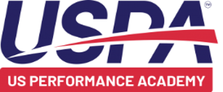 Logo of US Performance Academy. Large blue letters "USPA" are displayed above a red swoosh. Below, a red rectangle contains white text reading "US PERFORMANCE ACADEMY.