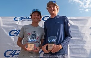 Two young men smiling and holding trophies, standing in front of a backdrop with "C420" logos, celebrating their achievement at a sailing competition.