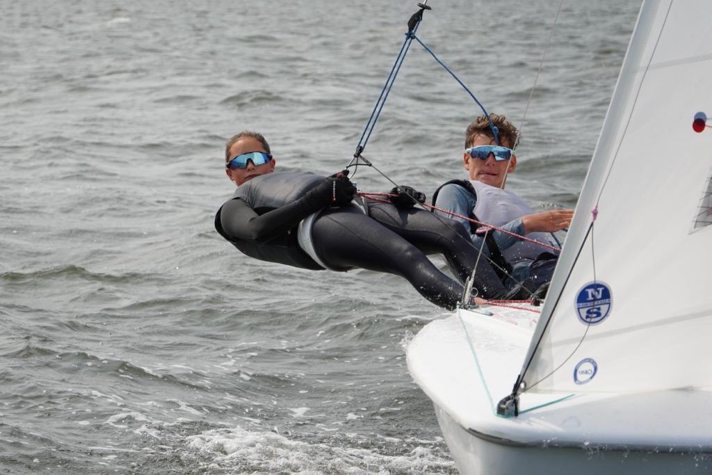 Two sailors in wetsuits and sunglasses are leaning out of a small sailboat, balancing over the water as they steer and control the boat during a race or training session.