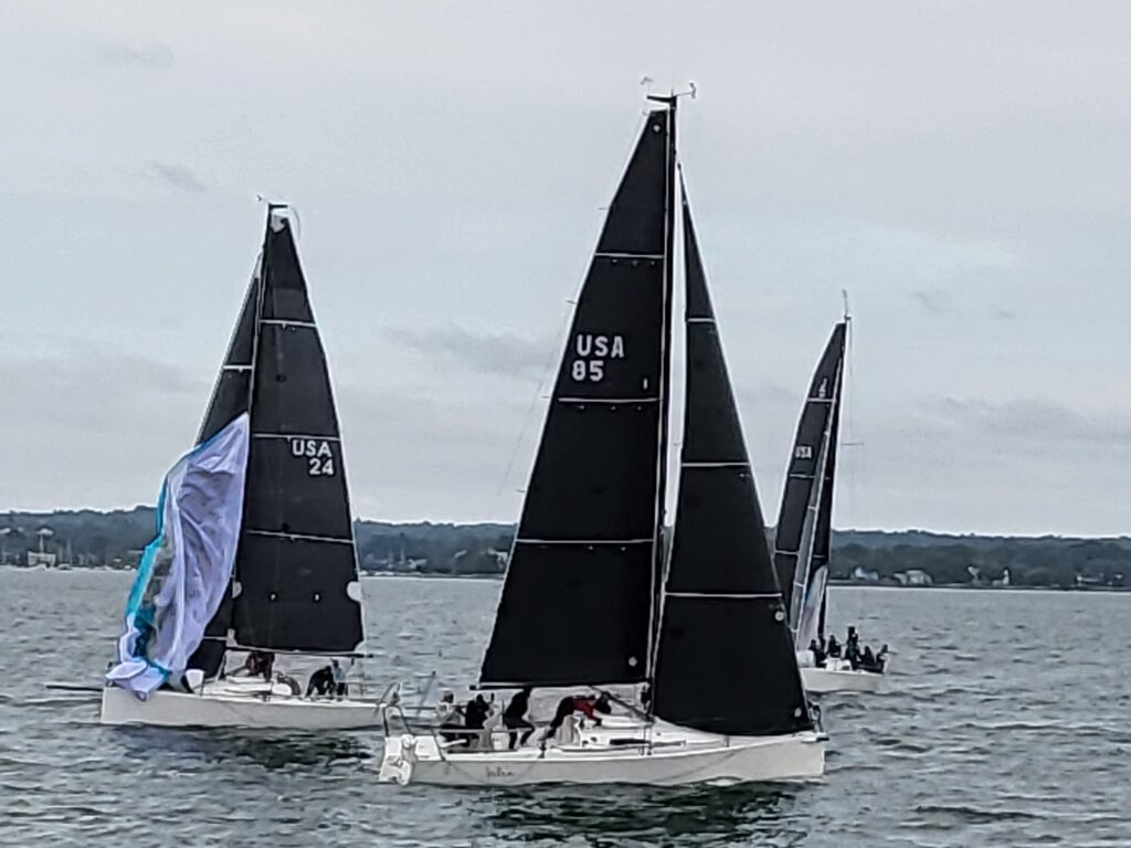 Three sailboats with black sails and visible USA numbers compete on a cloudy day. One boat’s sail is partially down, and land is visible in the background across the water.
