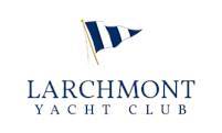 A blue and white pennant flag above the words 'Larchmont Yacht Club' in dark blue capital letters on a white background.