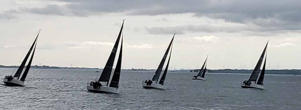 A group of six sailboats with tall black sails navigate on a calm body of water under a cloudy sky, with a distant shoreline and faint city skyline in the background.