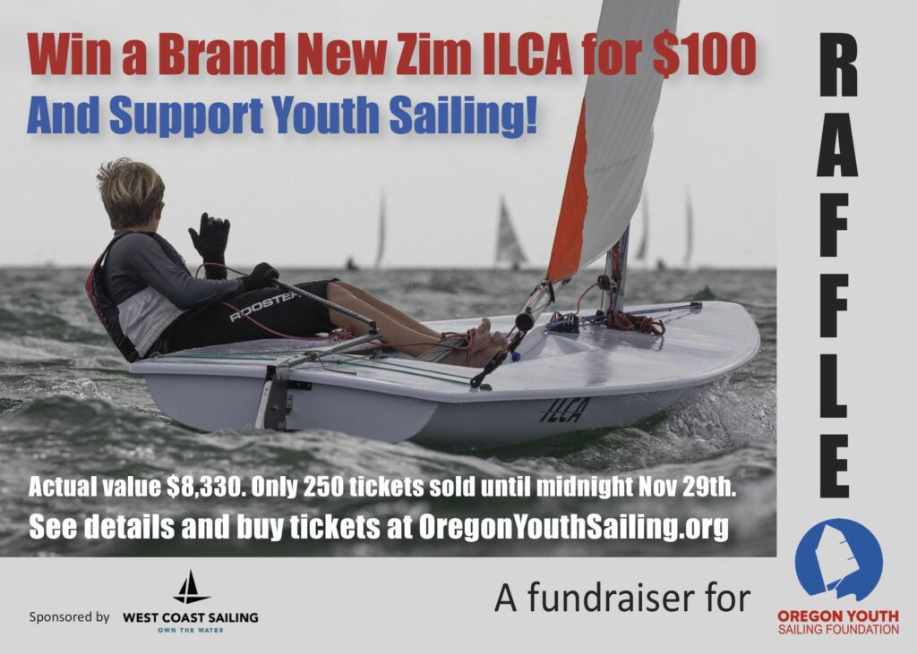 A sailor navigates a small sailboat on the water. Bold text advertises a raffle to win a new Zim ILCA boat for $100 to support youth sailing, with ticket and event details on the right and sponsor logos at the bottom.