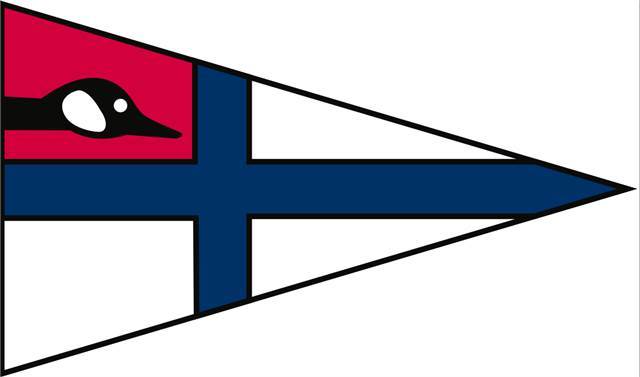 A triangular pennant flag with a blue Scandinavian cross on a white background and a red triangle at the hoist featuring a black and white stylized bird head.