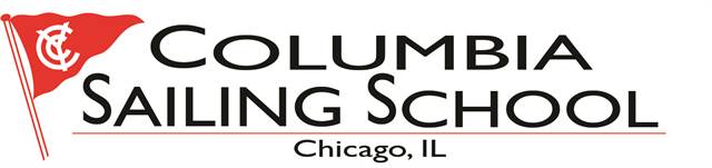 Logo for Columbia Sailing School, Chicago, IL. Features a red nautical flag with a white emblem on the left, and the school's name in bold black text to the right.